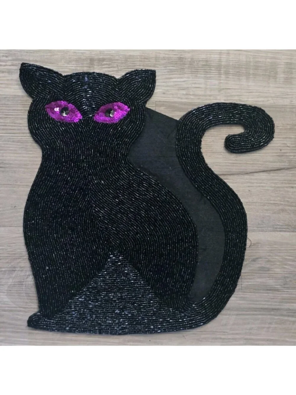 4 Halloween Beaded Black Cat Purple Eyes Placemat Charger 14” X 14” NEW
